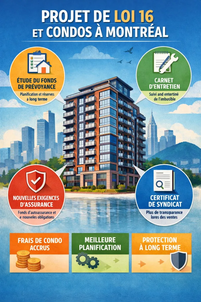 Infographic explaining Quebec’s Bill 16 for Montreal condos, showing a modern condominium building surrounded by icons representing a contingency fund study, maintenance log, new insurance requirements, and a syndicate certificate, highlighting increased condo fees, better planning, and long-term protection.