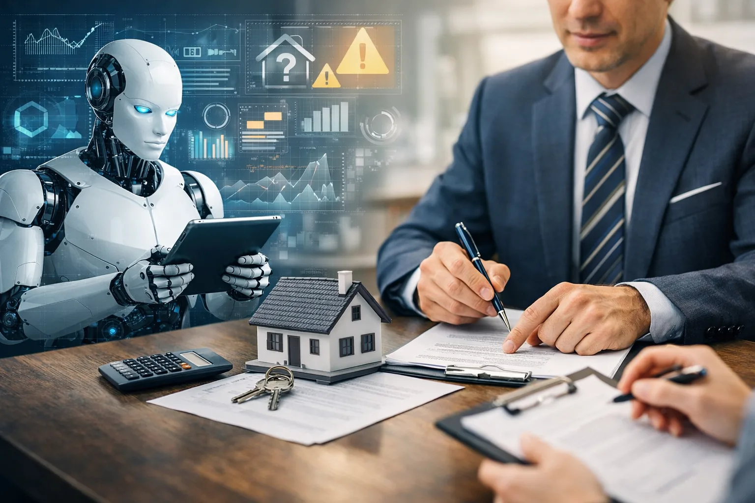 Real estate professional reviewing documents beside an AI robot during a property transaction, illustrating the risks of relying on artificial intelligence without human verification.